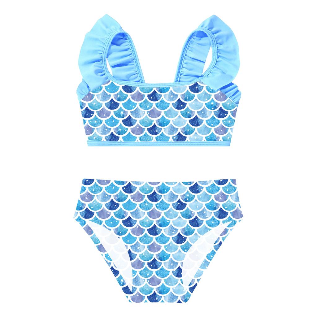 Детские купальники, топы с рюшами на бретелях, купальный костюм с принтом, комплект бикини из двух предметов для маленькой девочки