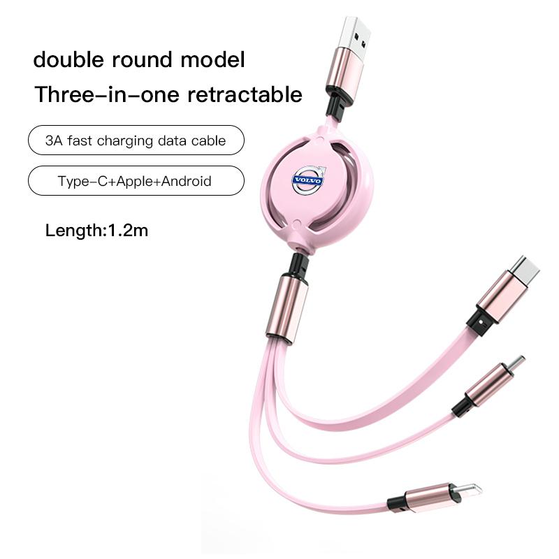 Car 3 in 1 USB Cable Type C Micro USB Fast Charging Cable For Volvo ES90 EC40 EX40 EM90 XC90 V90 V60 XC60 V40 S80 S60 S90 C40