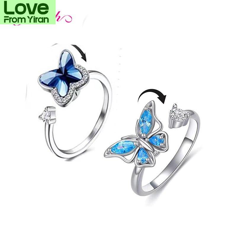 Hfarich Blue Crystalline Butterfly Finger Ring Rotate Freely Anti Stress Anxiety Rings Girl Nuptial Wedding Occasion Women Jewelry Engagement Present