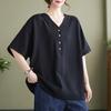 Summer Literature Plus Loose Solid Color V-neck Short Sleeved T-shirt Women's Top T-Shirts Women’s