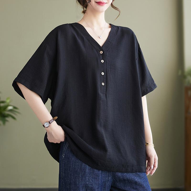 Summer Literature Plus Loose Solid Color V-neck Short Sleeved T-shirt Women's Top T-Shirts Women’s