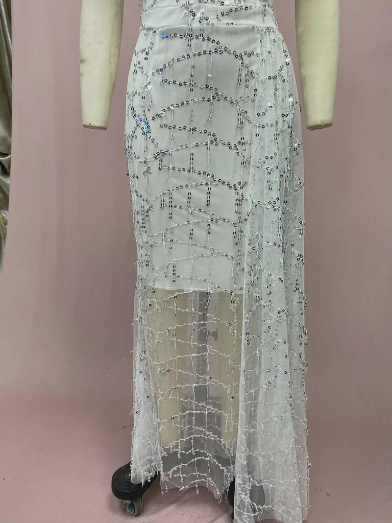 Женское сексуальное серебристое платье макси с V-образным вырезом на подтяжках 2025 года