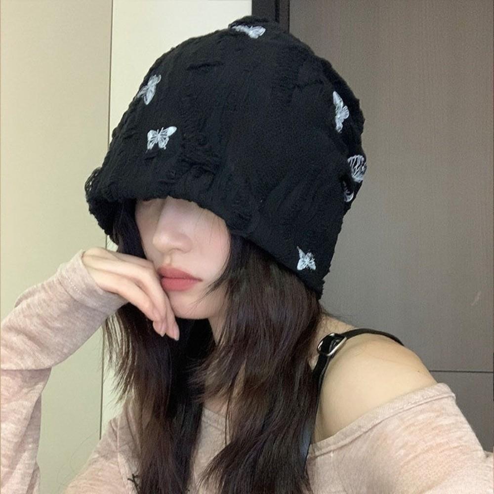 Thickened Butterfly Print Beanies Holes Plush Pullover Hat Soft Fleece Beanies Outdoor