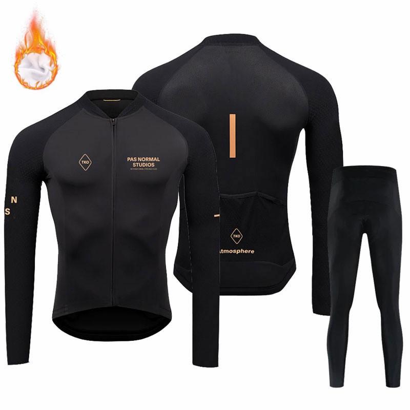 Mens Fleece Thermal Cycling Jersey Set Long Sleeve Winter Bike Riding Outfit Road Mountain Biking