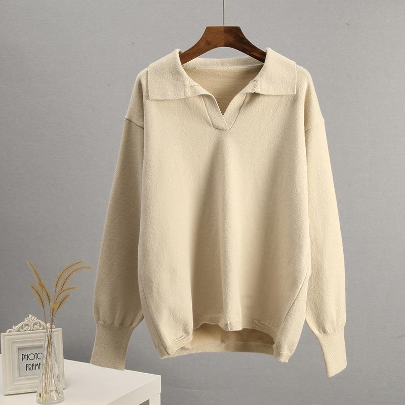 Autumn and Winter Alpaca Polo Collar Women's Fashionable Simple Solid Color Casual Knitted Sweater