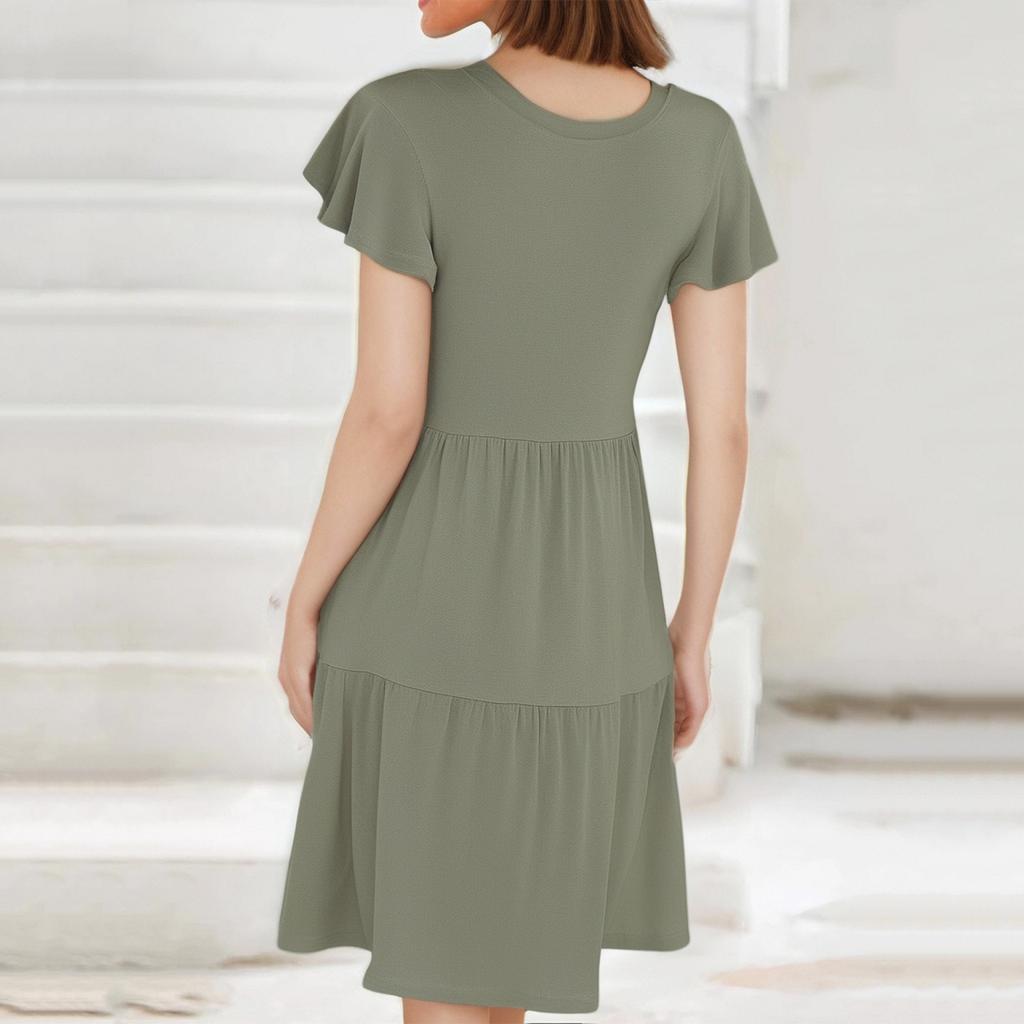 Women's Fashion Summer Ruffle Short Round Neck With Pocket Casual Dresses