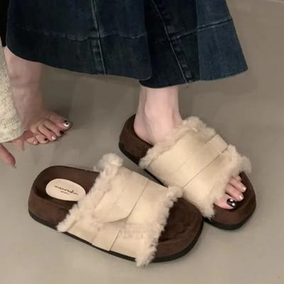 Женские тапочки на толстой подошве, высокое качество, стиль Ins, универсальные, квадратные, с открытым носком, домашние, плюшевые тапочки, весна-осень, Mujer Zapatos