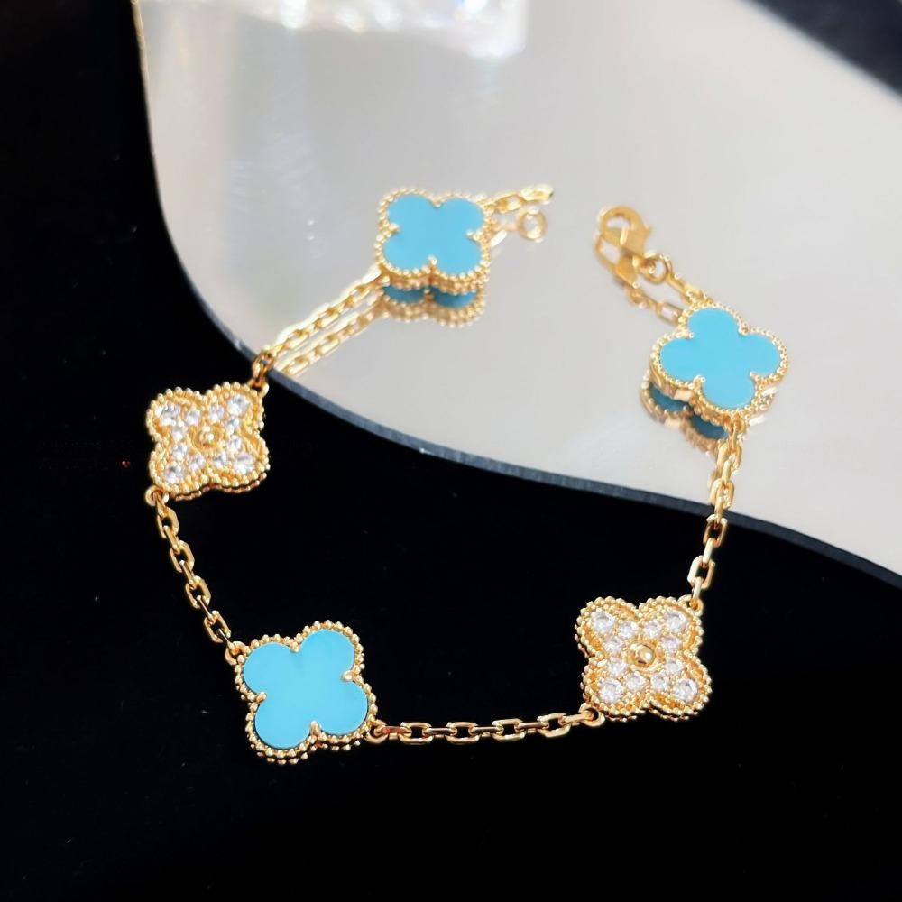 Браслет «Четырехлистный клевер» с пятью цветками, версия High, натуральный фиолетовый халцедон, лазерная CNC-резьба, 18 карат, не тускнеющий, женский браслет