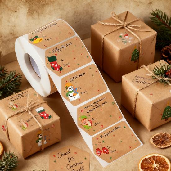 500 шт./рулон Рождественские подарочные бирки Мультяшный Санта Снеговик Олень Елка Кому и от Именные бирки Сделай сам Коробка для подарка Поздравительная открытка Конверт Самоклеящаяся этикетка
