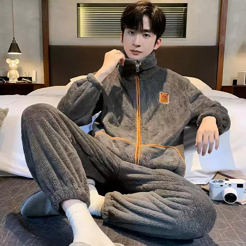 Зимняя мужская фланелевая утепленная теплая пижамная одежда с застежкой-молнией, брюки с длинным рукавом, домашняя одежда для молодых мальчиков, пижамы