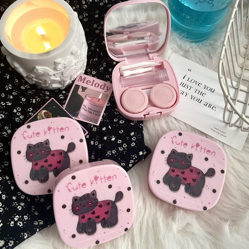 Футляр для контактных линз с рисунком в виде милого кота и граффити, с зеркалом, дорожный набор для контактных линз