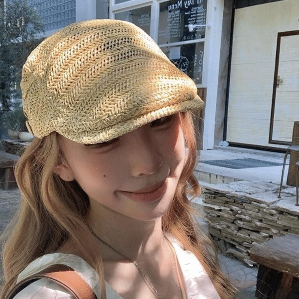 Flat Straw Beret Vacation Painter Beret Breathable Straw Newsboy Cap Unisex