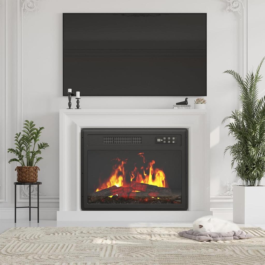 YODOLLA Electric Fireplace Heater - 7 Flame Colors, 5 Dynamic Levels, 2 Heat Settings (750/1500W), 8H Timer, Child Lock, Quiet Operation - Black