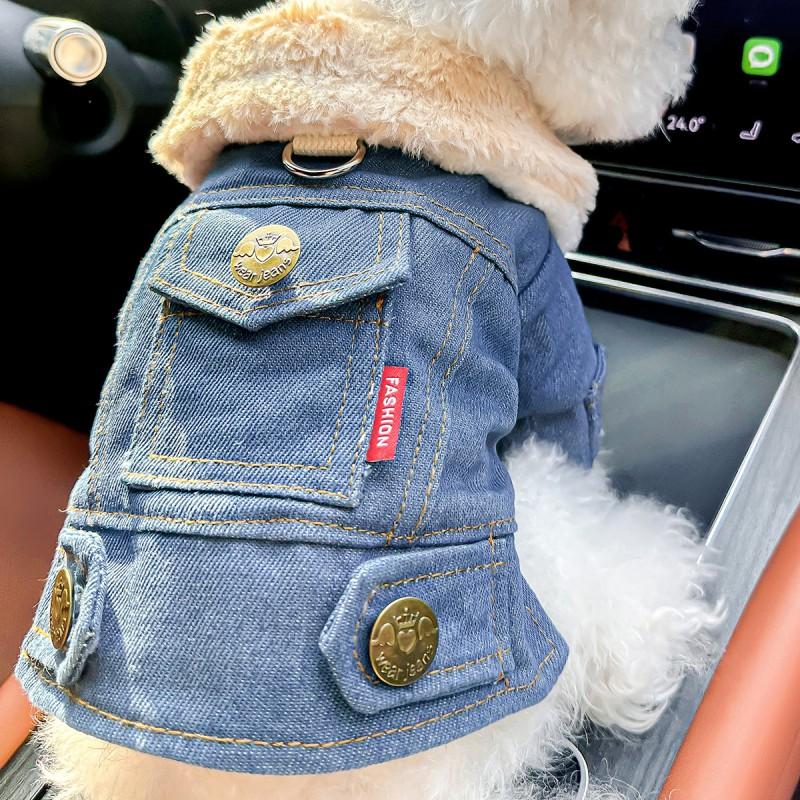 Pet Winter Coat Dogs Cats Fleece-Lined Denim Cotton Jacket Warm Thick Outerwear In XS To XL