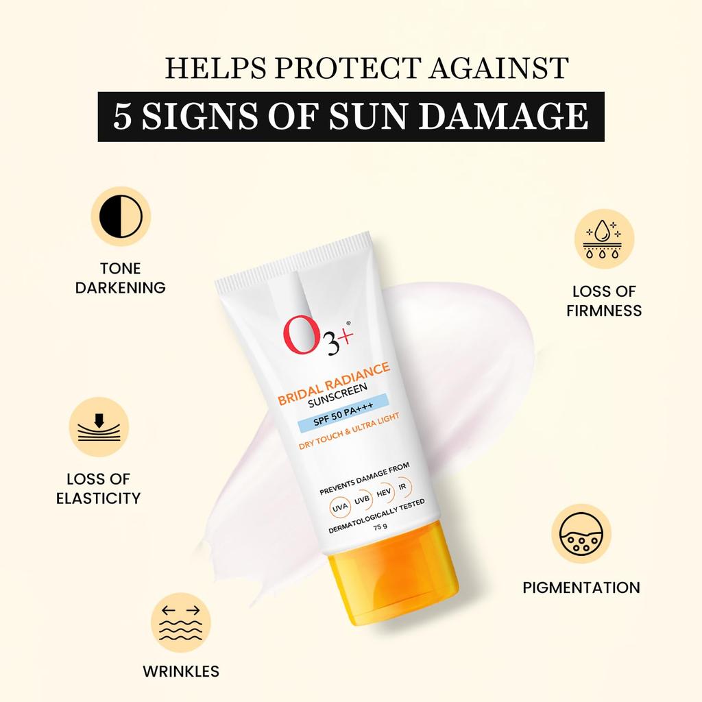 O3+ Bridal Radiance Sunscreen SPF 50 PA +++ 75g Dry Touch Non-Greasy Ultra Light Protection Pack of 2