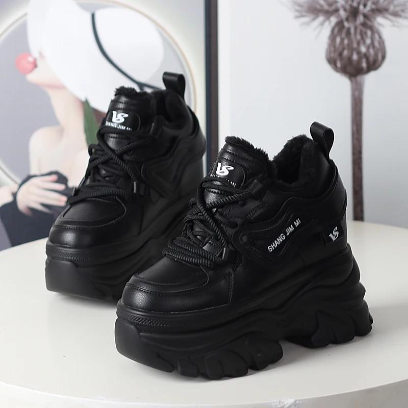 Fashion 12CM Synthetic Autumn Winter Spring Plush Warm Down Women Sneakers Wedge Ankle Booties Shoes Leather Platform Boots Winter