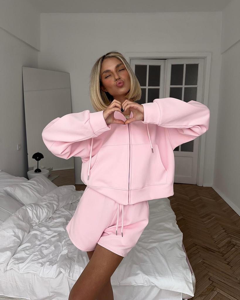 Женский весенне-летний розовый худи с капюшоном и шорты - Модный, молодежный повседневный костюм-двойка