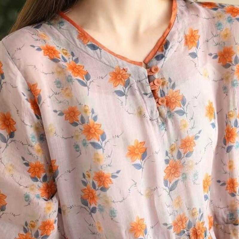 Johnature Женское винтажное платье с цветочным принтом и V-образным вырезом, коротким рукавом, высококачественное летнее повседневное мягкое платье А-силуэта