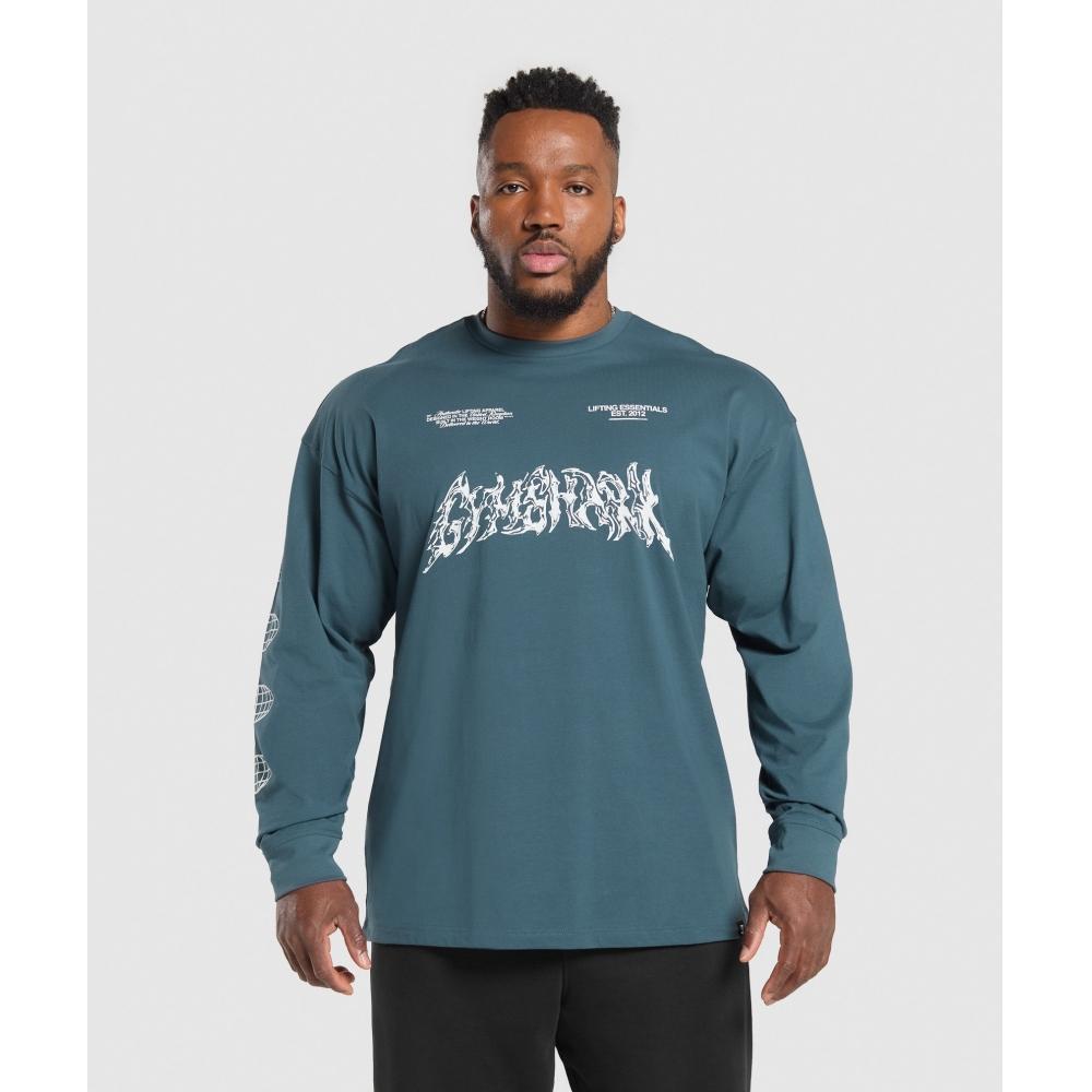 Gymshark Футболка с длинным рукавом с принтом METAL LIFting, цвет карго синий A7A1S UCTP