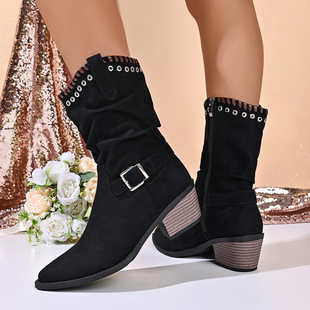 Women's medium leather boots autumn and winter new large size thick heel Martin boots fashionable versatile side zipper women's Martin boots