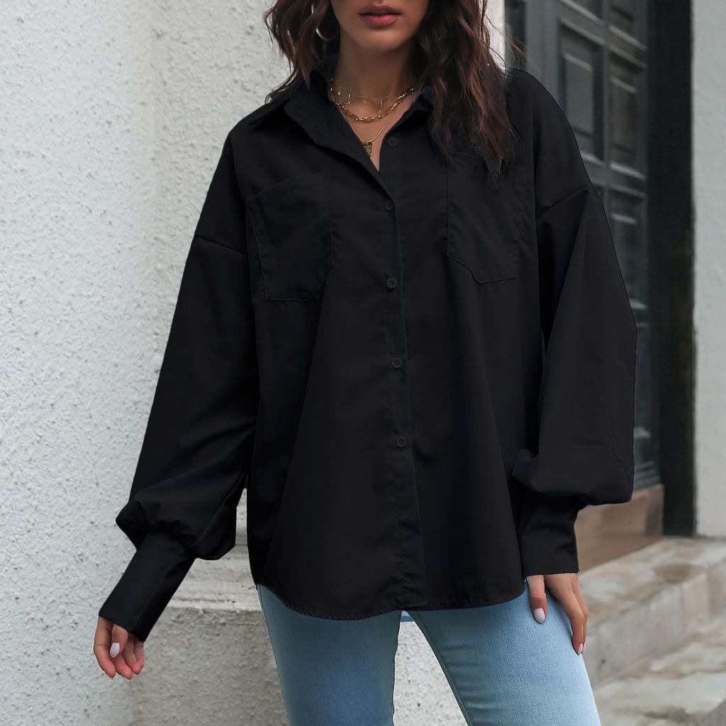 Женская свободная однотонная рубашка с длинным рукавом и лацканами, спущенным плечом, футболка