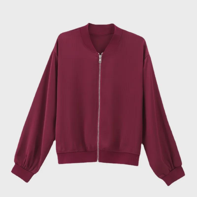 Весна 2024 Женская свободная бейсбольная куртка из ацетатного атласа - Повседневный короткий кардиган с длинными рукавами