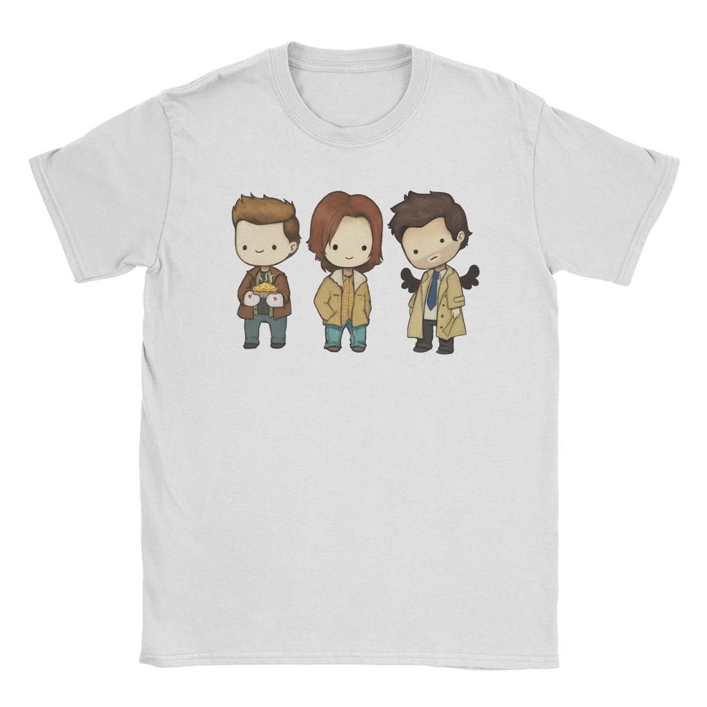 Мужская футболка Sam Dean Castiel Supernatural Chibi Футболка ТВ-шоу 100% Хлопок Одежда Футболка с круглым вырезом Новое поступление Футболка