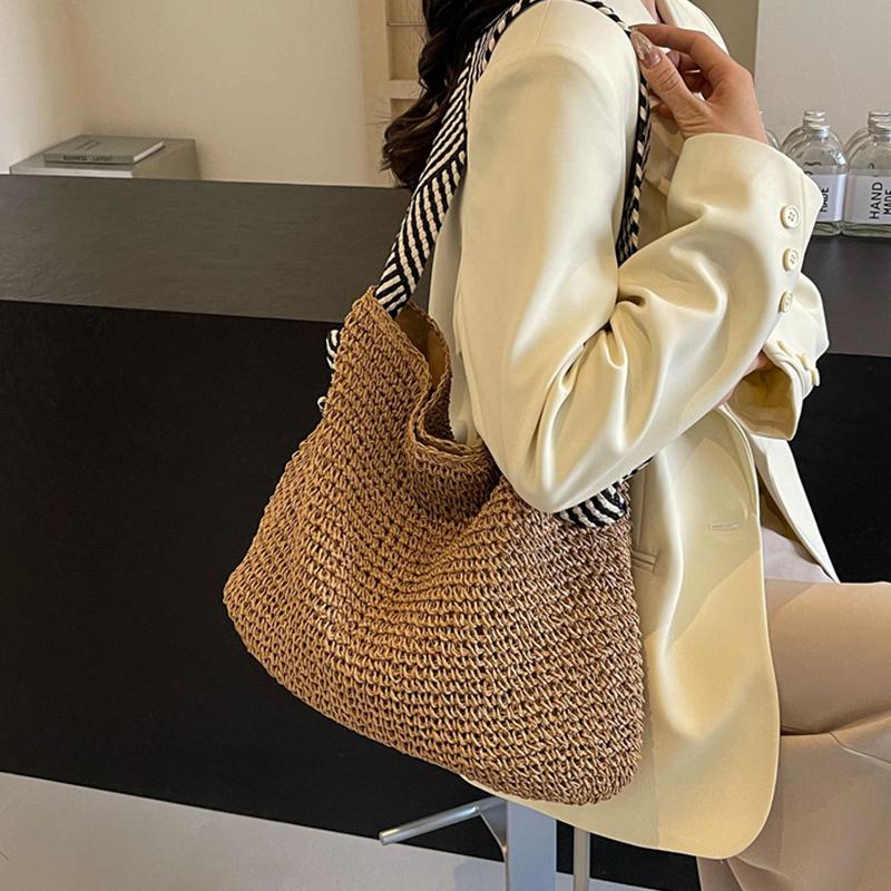 Big Capacity Straw Beach Bag Vintage Handmade Woven Shoulder Bag Raffia Rattan Handbag Bohemian Summer Vacation Crossbody Bags