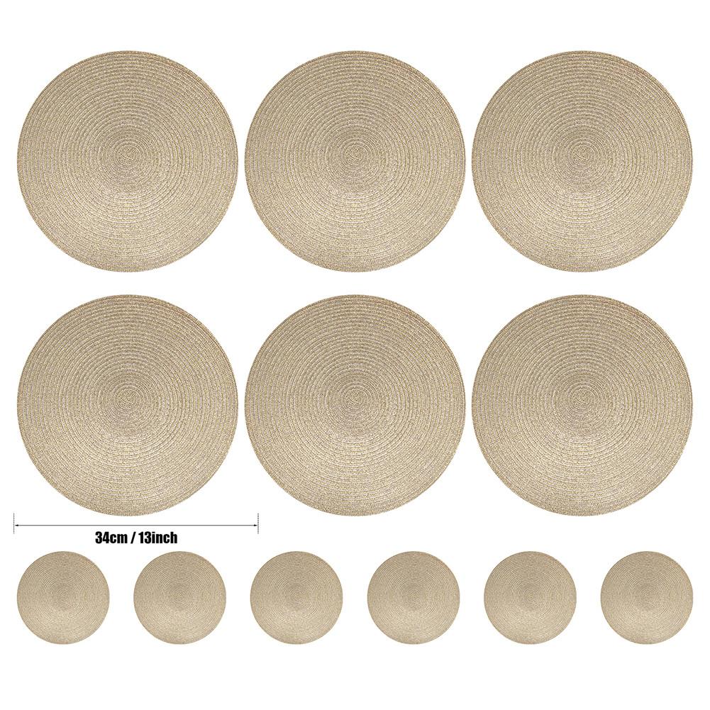 Set of 6 Round Braided Table Mat Washable Placemats Non Slip Heat Resistant for Kitchen Dining Tables Pad With 6Pc Cup Coasters