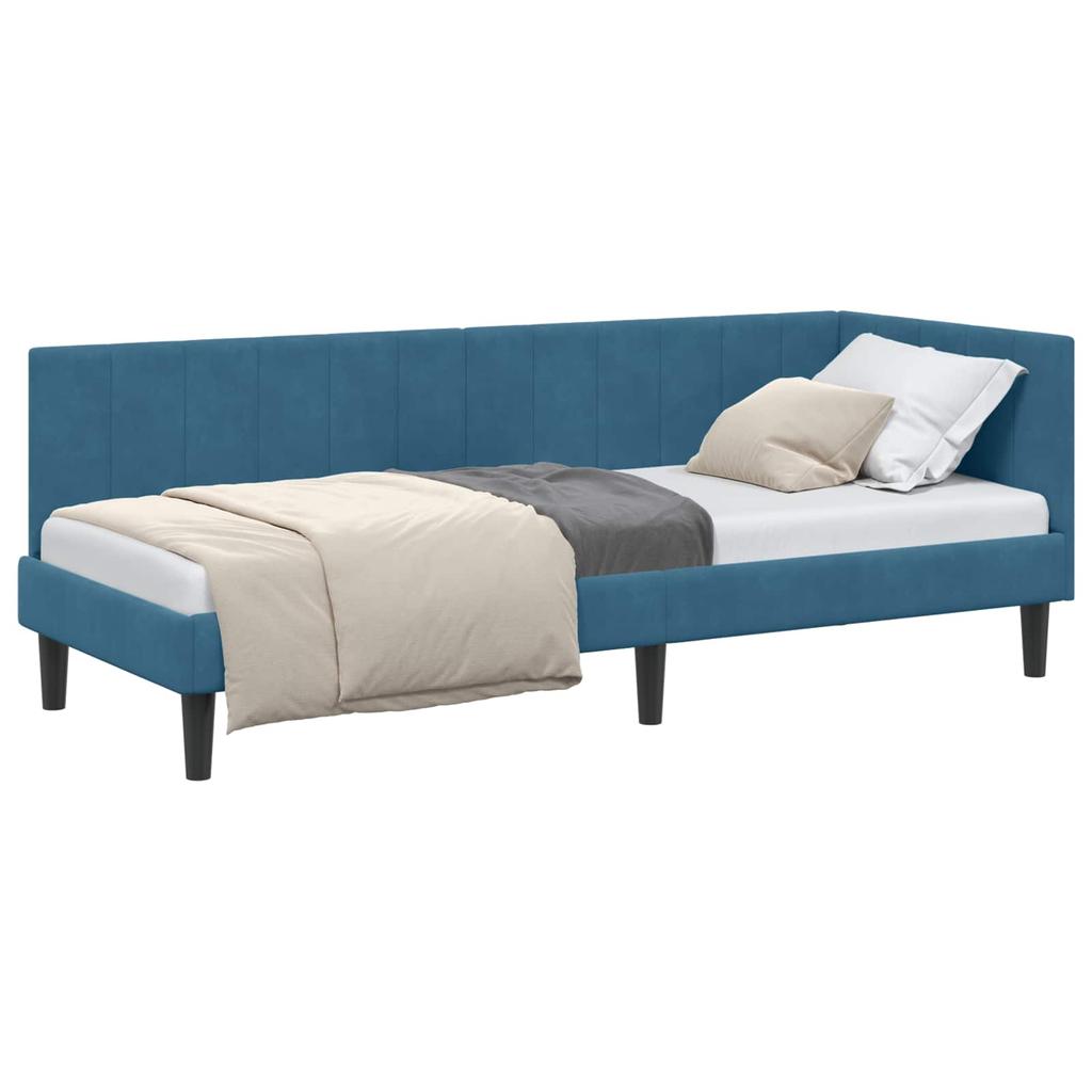 L shaped bed frame with headboard blue 80 cm x 200 cm velvet