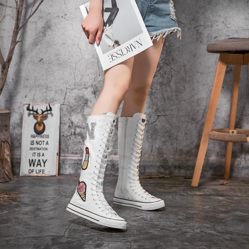 Весенне-осенние женские ботинки, парусиновые сапоги до середины икры, повседневная обувь с высоким берцем, длинные сапоги, удобные ботинки на плоской подошве со шнуровкой, размер 34-43