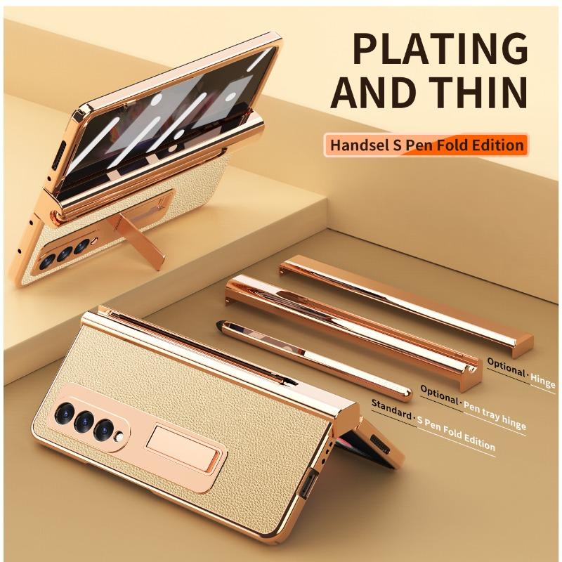 Plating Leather Case For Samsung Galaxy Z Fold 6 4 3 2 5 360 Full Protection Tempered Glass Kickstand Phone Cover