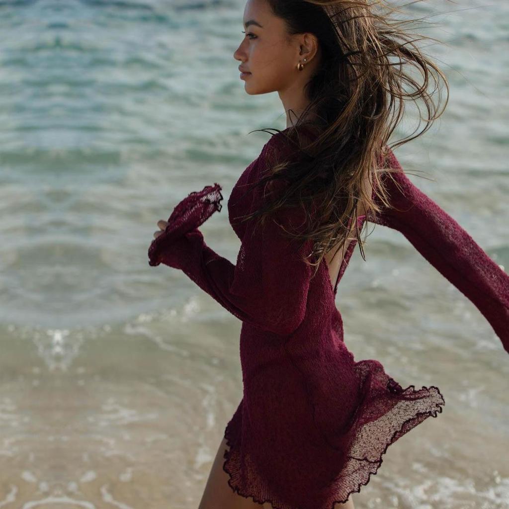 Женское летнее прозрачное сексуальное тонкое пляжное платье с открытой спиной, бикини, богемное вязаное короткое платье с длинными рукавами