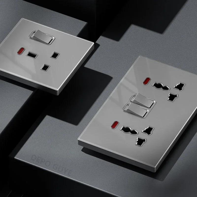 Universal Tempered Glass Dual 3 Pin Power outlet,UK 13A Wall Plug Socket with 20W Fast charge,Home Electrical 2way Light Switch