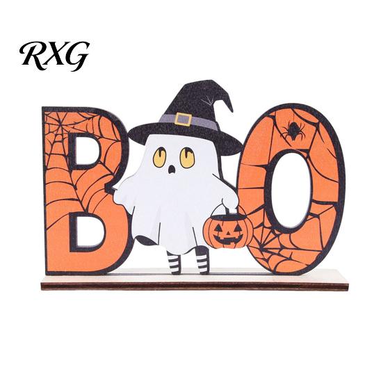 Halloween Table Sign Wooden Sign, Cute Pumpkin Boo Ghost Hand Painted Decor Tabletop Centerpiece for Indoor Mantel Fireplace Childlike Room Accent