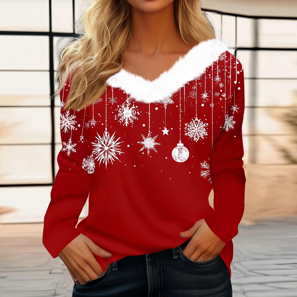 Женская футболка с рождественским принтом, вечерние рубашки с длинным рукавом, рождественский флисовый воротник, топ с v-образным вырезом