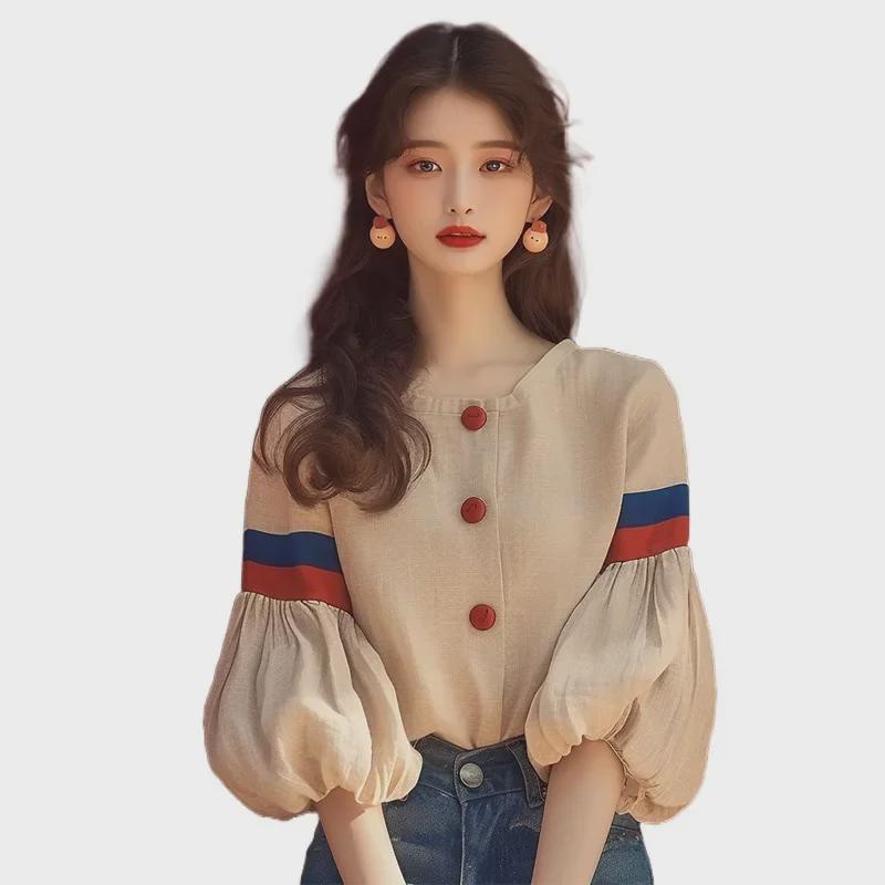 2024 Early Autumn Apricot Lantern Sleeve Women's Clothing - Chic French Design, Age-Reducing, and Stylish.