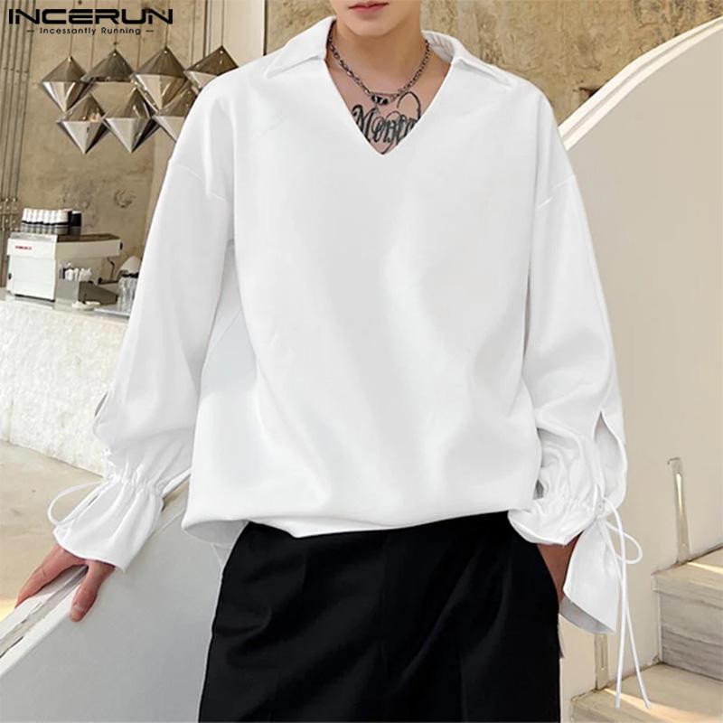 INCERUN Men V Neck Long Drawstring Sleeve Solid Color Casual Shirts Tops
