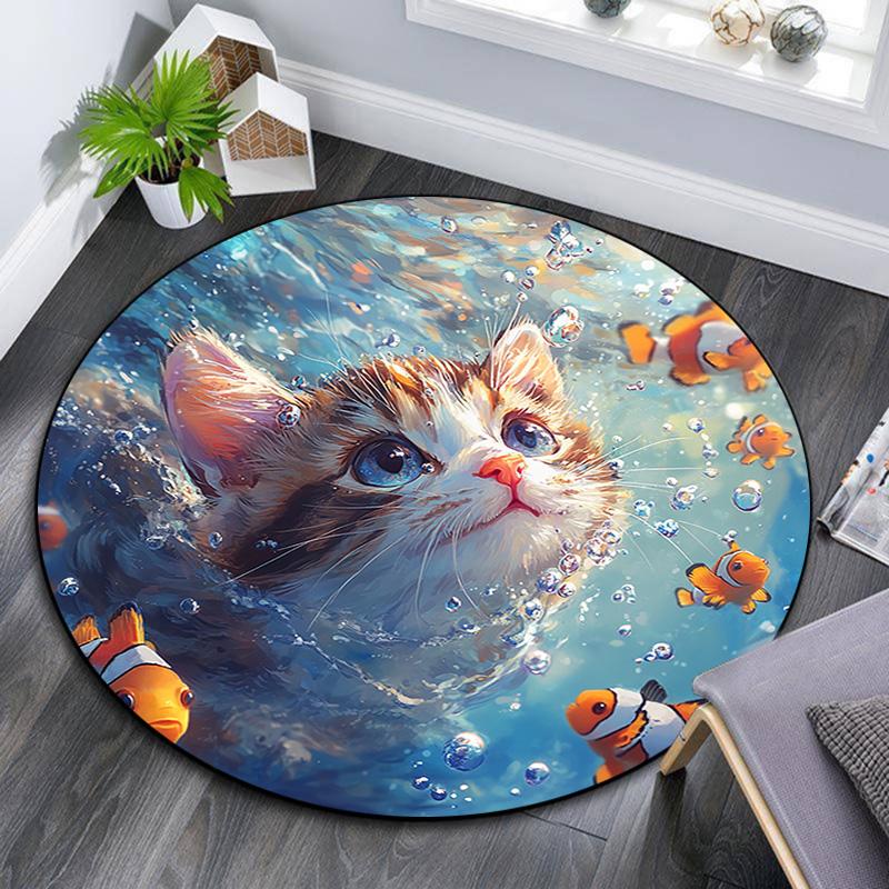Kitten Clownfish Round Area Rug,Carpet Rug for Living Room Bedroom Sofa Playroom Decor,Non-slip Floor Mat
