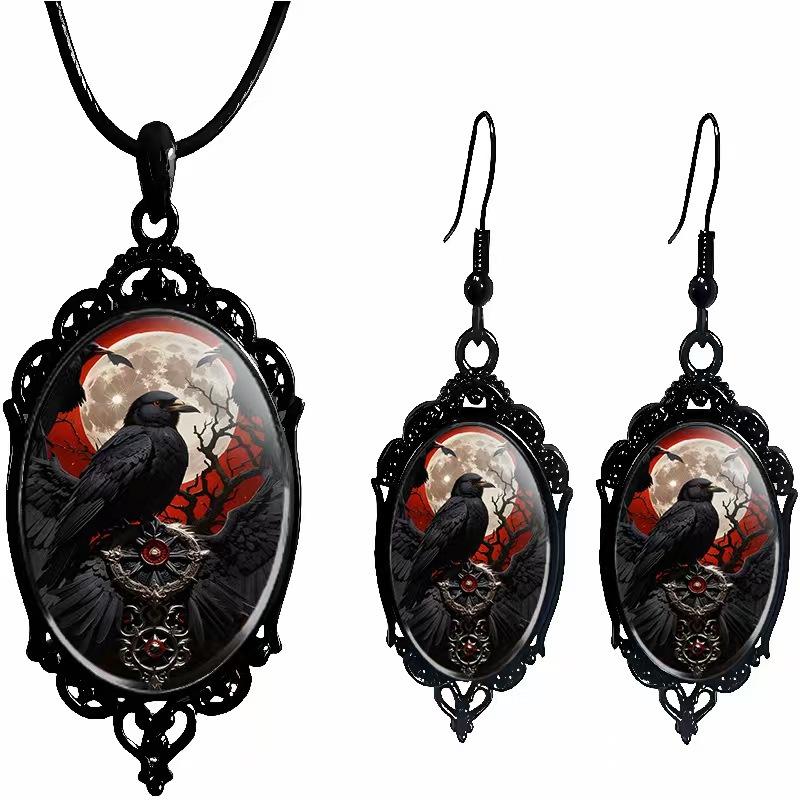 Gothic Crow and Skull Pattern Necklace Earrings Pendant Set