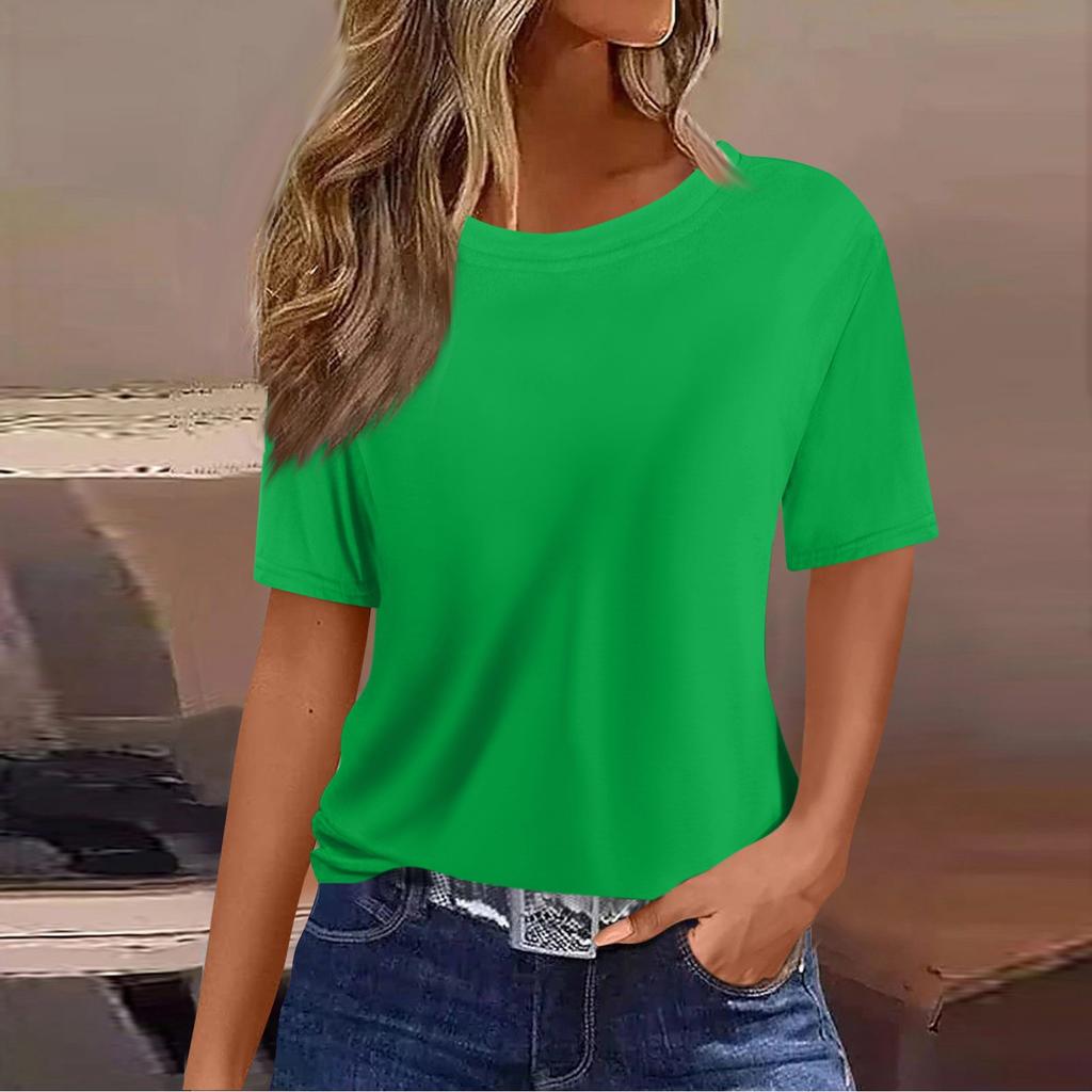 Женская свободная повседневная футболка с коротким рукавом и круглым вырезом, однотонный пуловер, топ