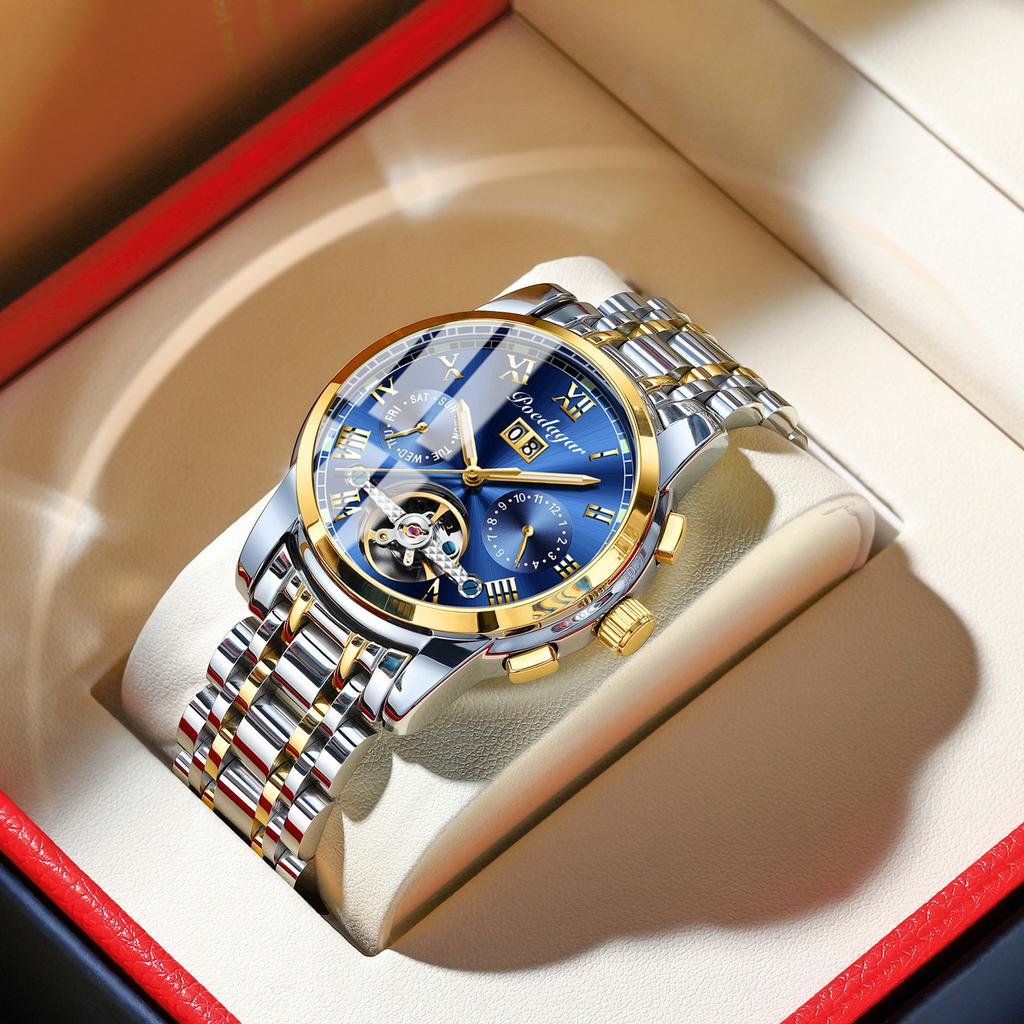 POEDAGAR Новые роскошные мужские часы ТОП-бренда с коробкой, автоматические водонепроницаемые полые многофункциональные светящиеся мужские механические часы