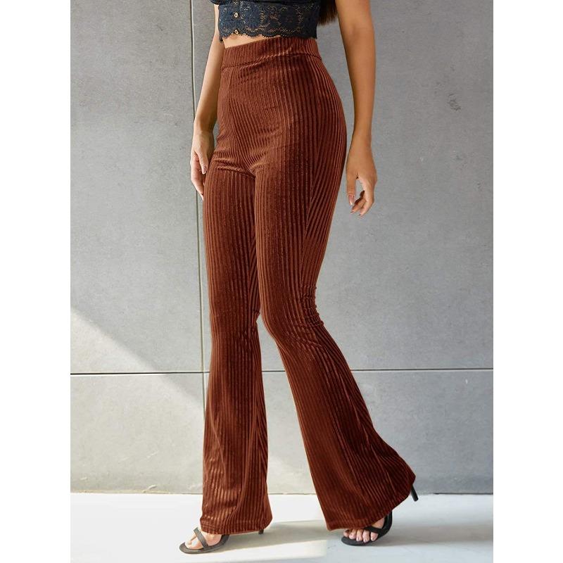 Женские новые модные сексуальные однотонные брюки-клеш с высокой талией из золотистого бархата в полоску