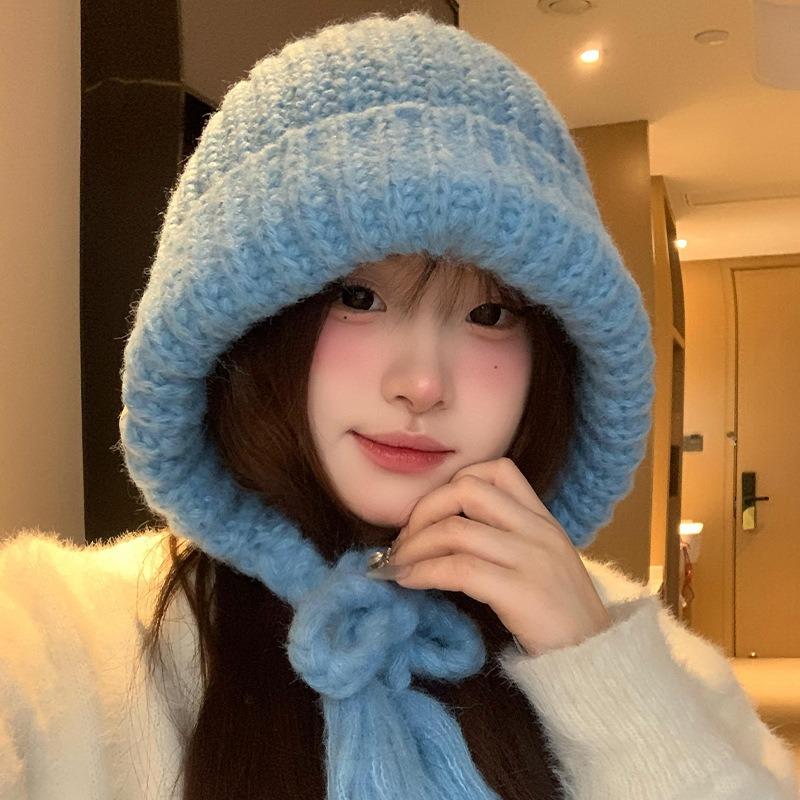 Синяя балаклава женская осенне-зимняя теплая защита ушей вязаная шерстяная шапка, подчеркивающая маленькое лицо и ветрозащитная шапка-мешок для головы