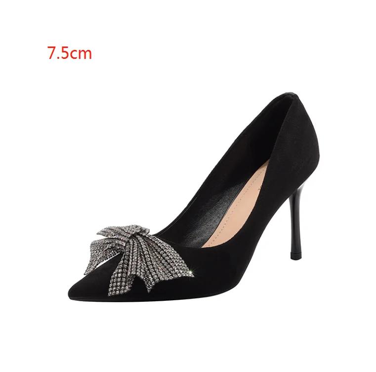Fashion High Heeled Shoes for Women In South Korea Bow Knot Rhinestone Single Shoes 2024 New Pointy Fashion High-heeled Shoes for Women