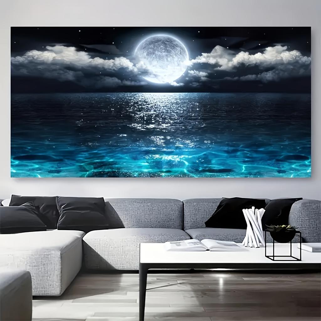 A Frameless Moonlight Ocean Canvas Wall Art, Large Abstract Moonlight Reflection Printing, Modern Home Decoration, Suitable for