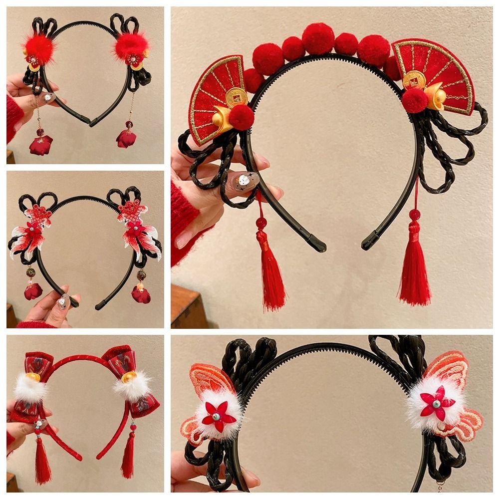Головной убор с кисточками, китайский новогодний головной убор, косичка для волос, палочки для волос Hanfu, детский парик, повязка на голову, дети