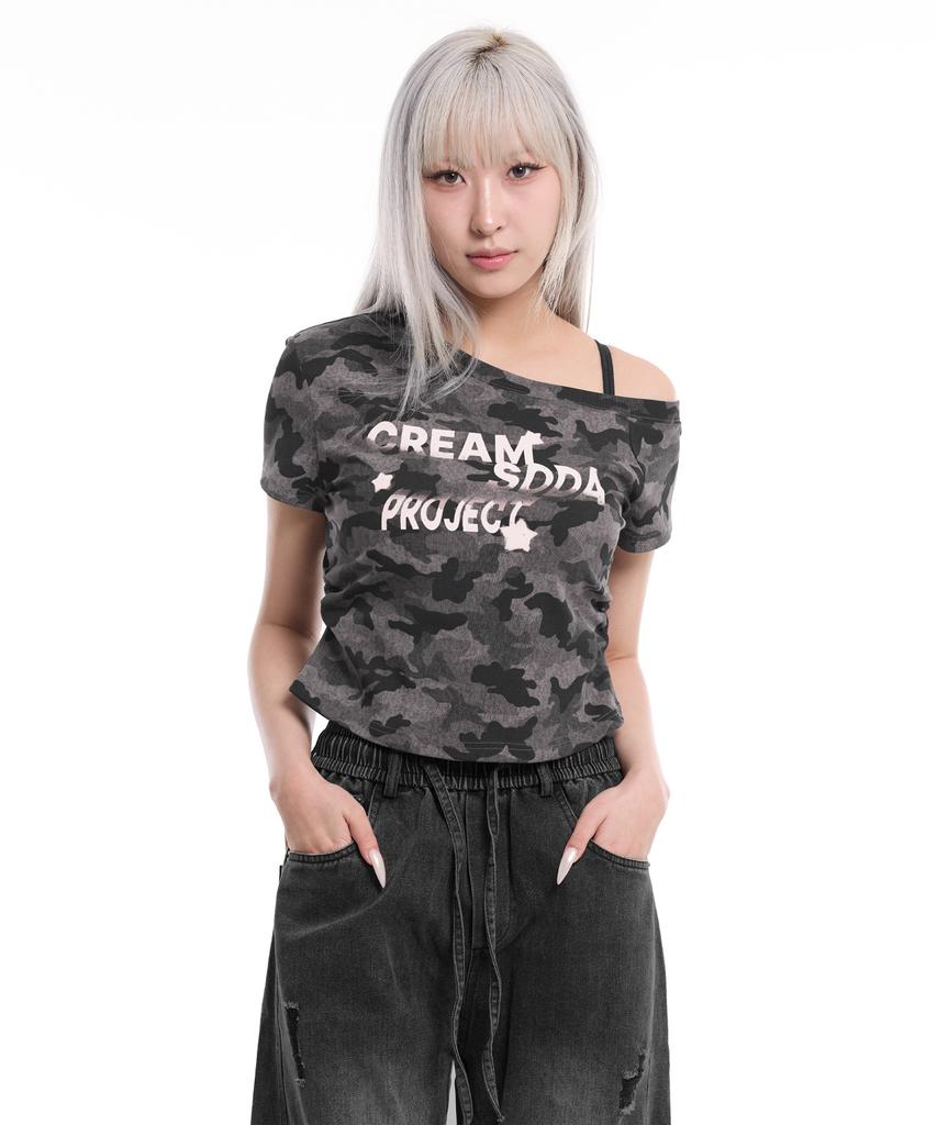 CREAM SODA LAB Camo Side Shirring One-Shoulder Crop Short Sleeve T-Shirt Gray
