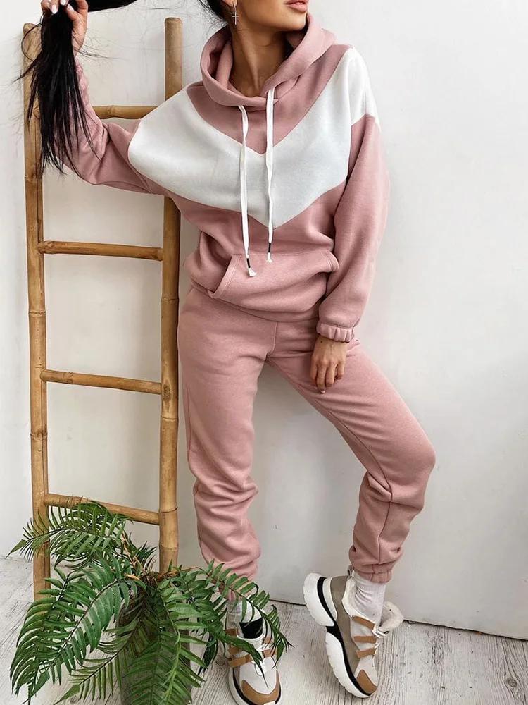 Повседневные комплекты для женщин, винтажная уличная мода, комплект из 2 предметов, однотонные карманы, длинный рукав, капюшон, 2024, новые комплекты брюк на осень-зиму