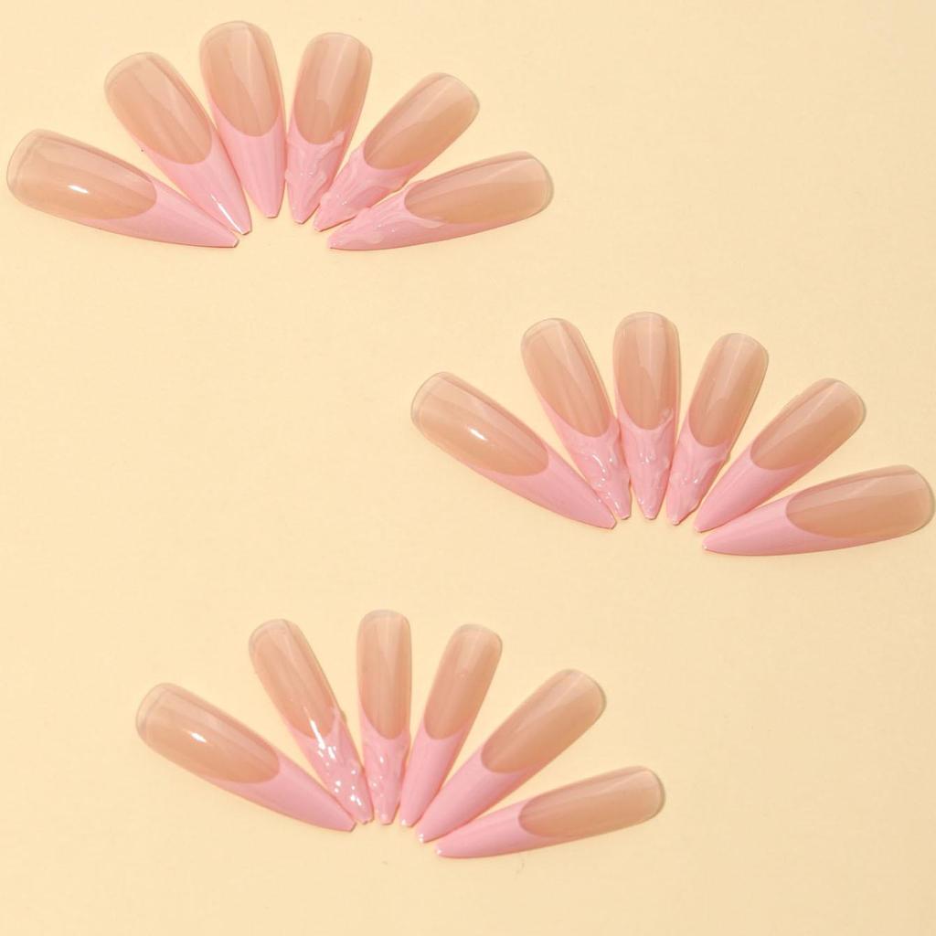 Розовые миндалевидные накладные ногти стилет с французским кончиком - Серия «Носимый маникюр»
